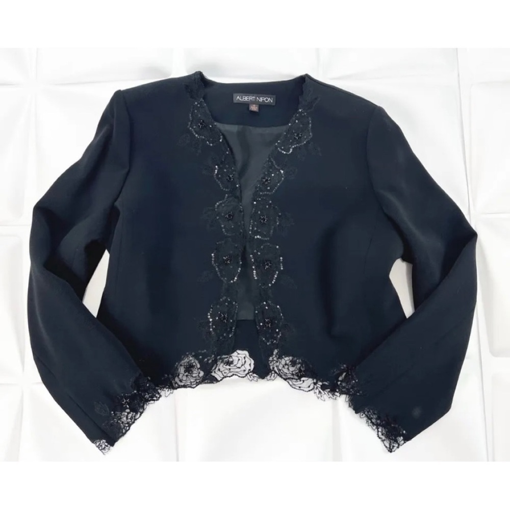 Albert Nipon Sz 14 Black Beaded Lace Cropped Blazer Suit Jacket l Formal Women